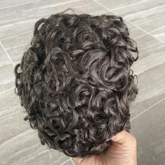 Super Durable Full Thin Skin PU Injection Men Toupee 100% Human Hair Curly Wigs