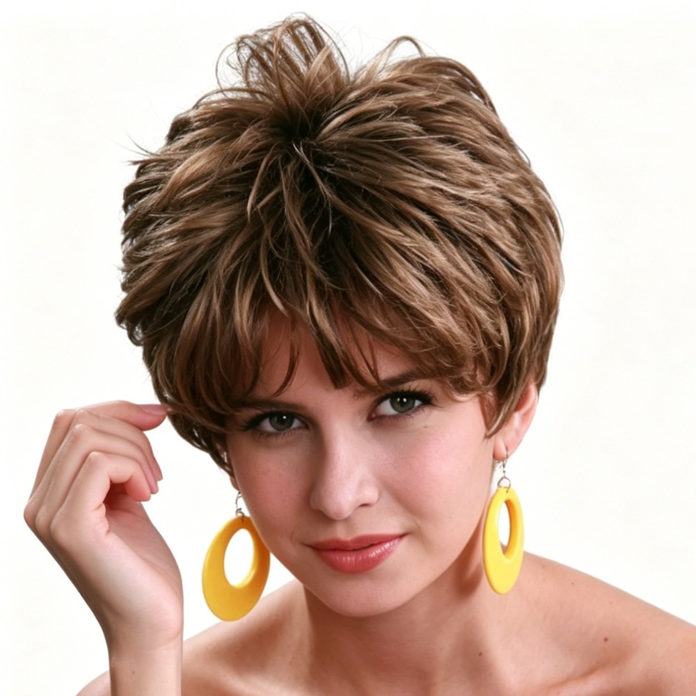 Women Short Layered Brown Synthetic Wig Hair Daily Casual Party Cosplay Wear