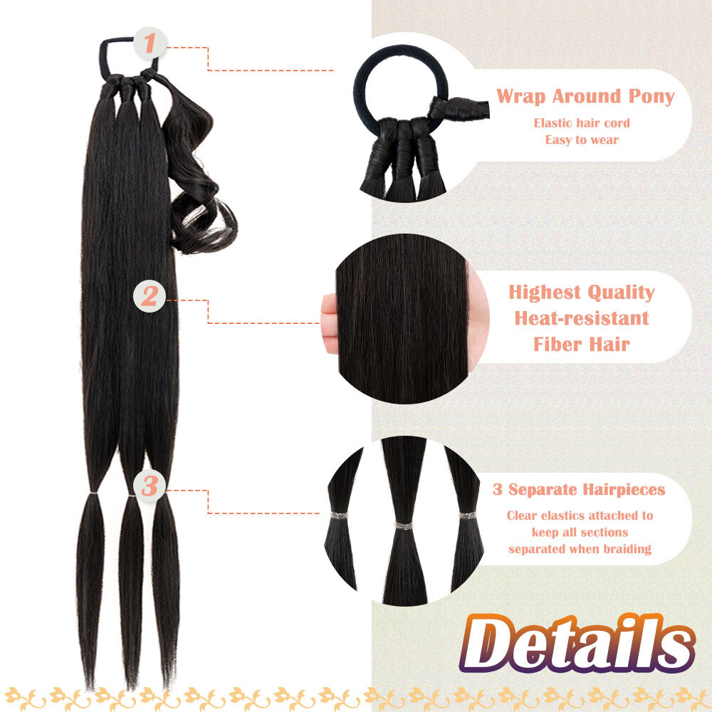 34″ Long Braided Ponytail Extensions Real As Human Hair Straight Hair Pony tail
