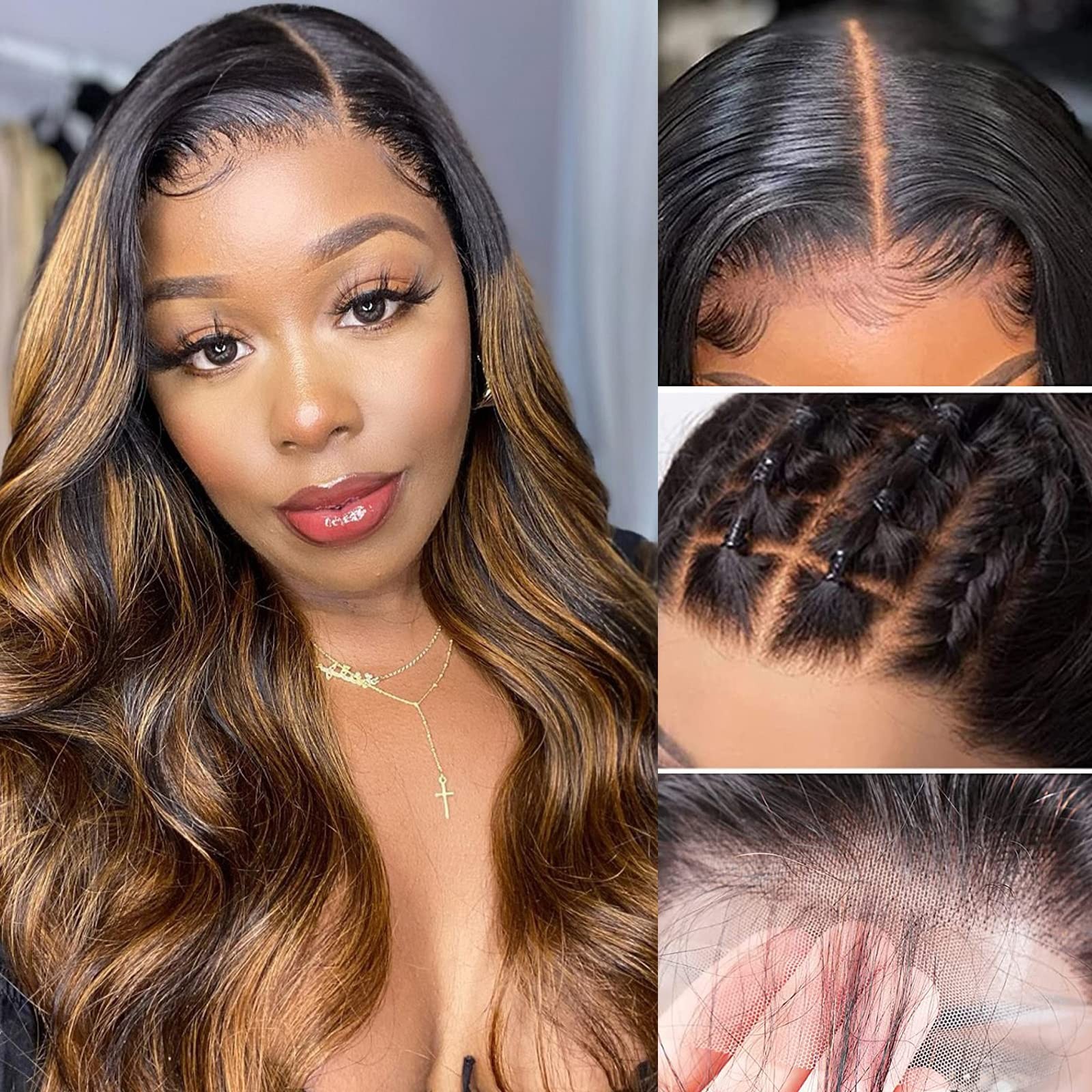 Brazilian Human Hair Highlight 4×4 Lace Front Wig Balayage Body Wave Ombre La…
