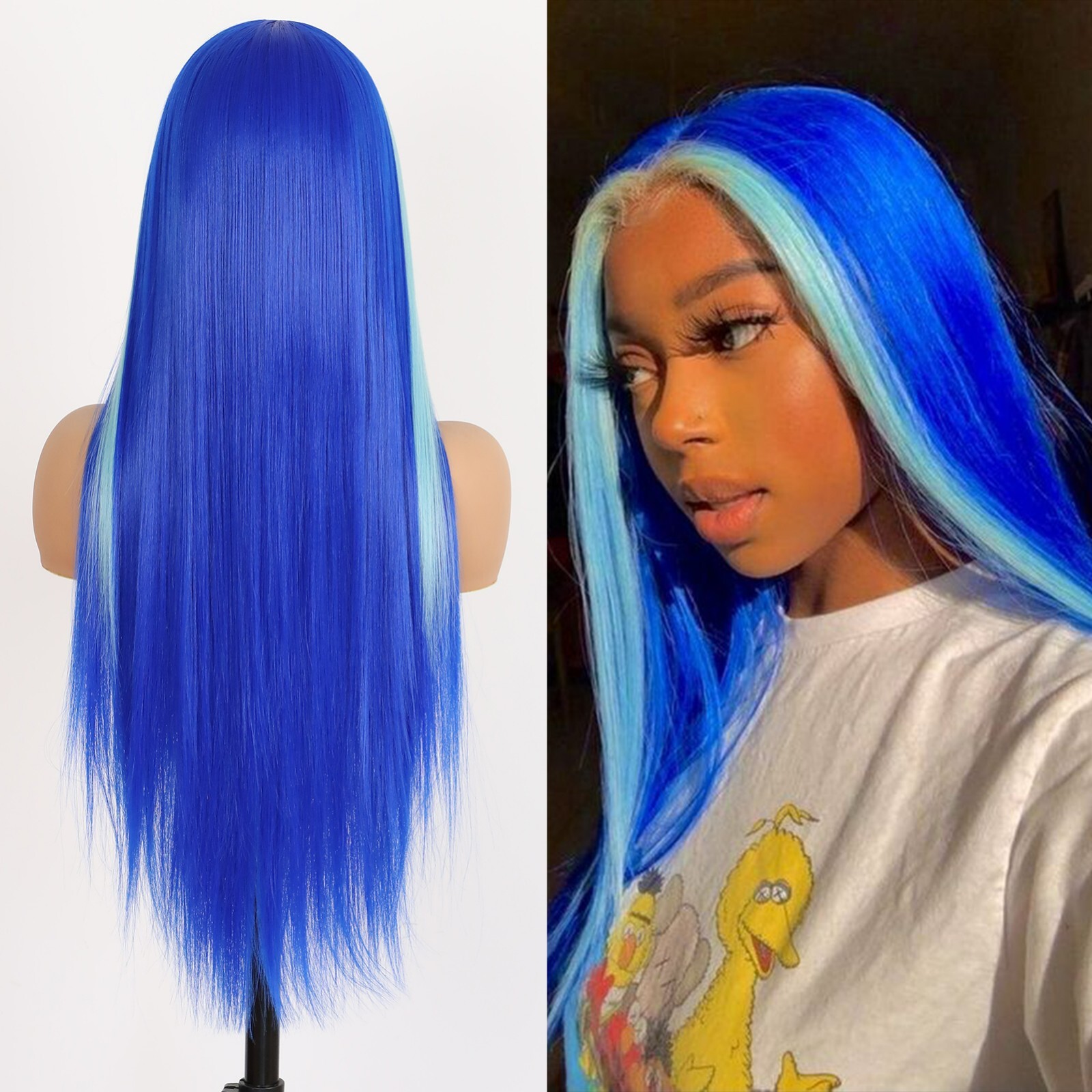 Blue Highlight Wigs Long Straight Hair Natural Heat Resistant Glueless Women Wig