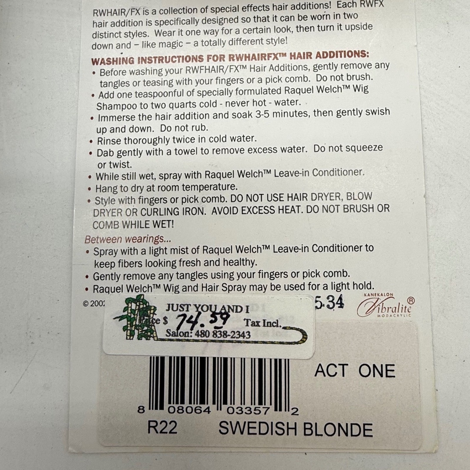Raquel Welch RW Hair FX Swedish Blonde Act One Hairuwear extension clip in
