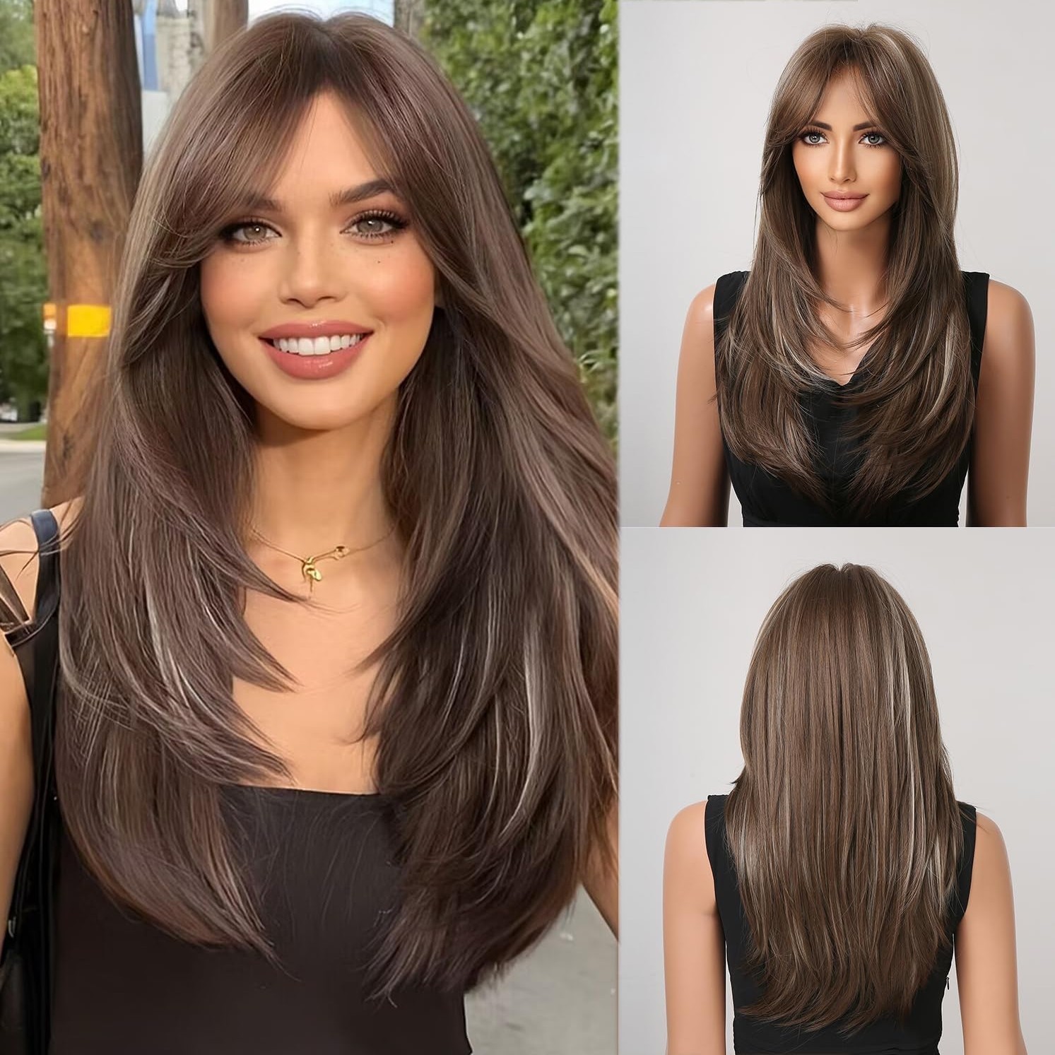Women Long Straight Mixed Brown blonde Cosplay Wig With Fringe Synthetic Hair