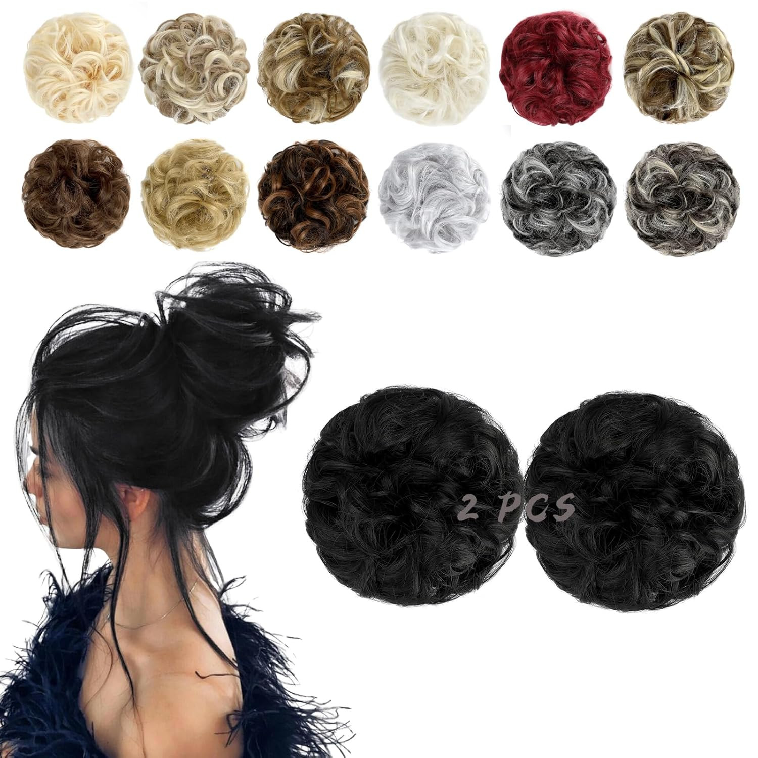 2 PCS Messy Bun Hair Piece Wavy Curly Scrunchies Synthetic Chignon Ponytail Hair