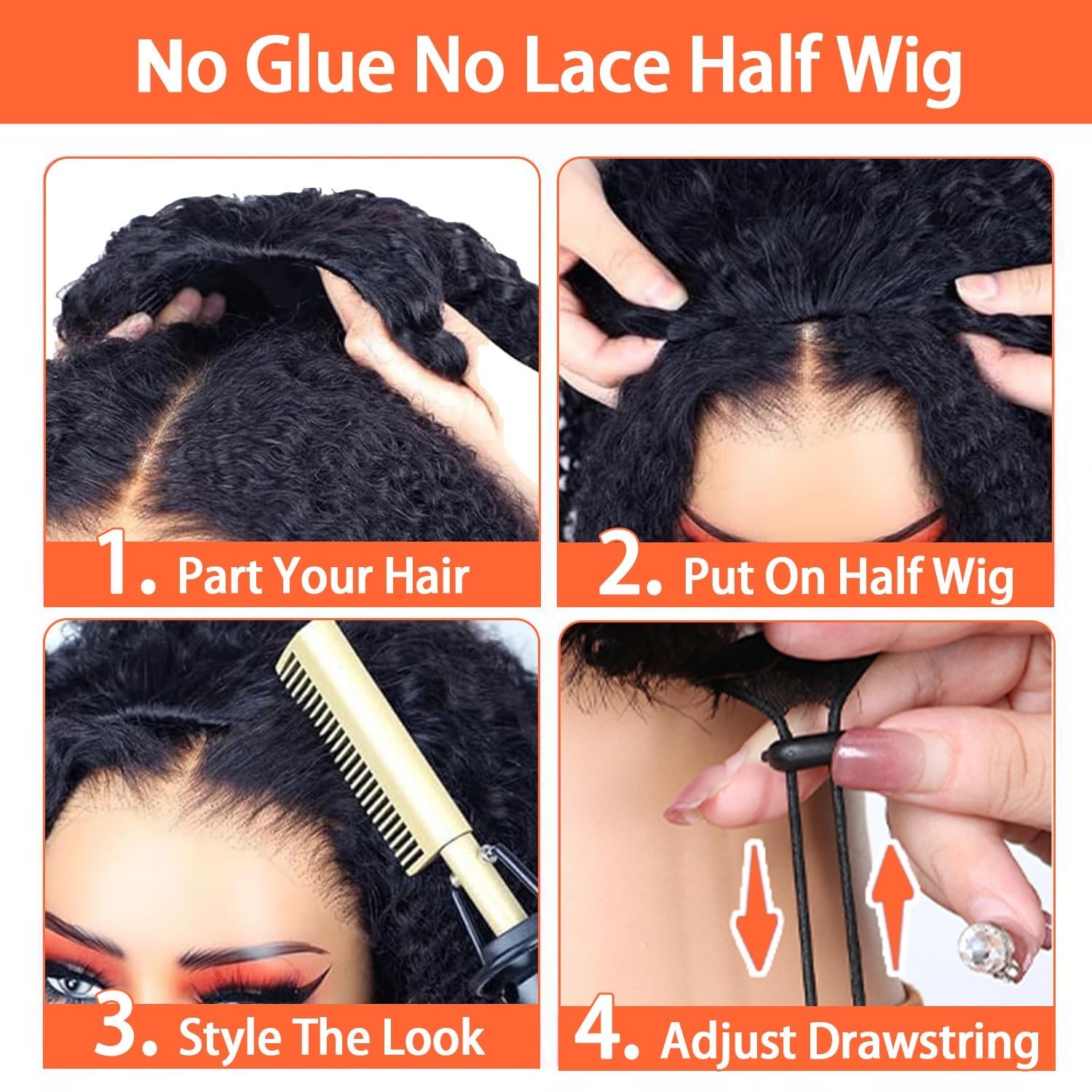 220% Density 18″ Burmese Curly Half Wig – 100% Human Hair, Glueless Clip-Ins, Ea
