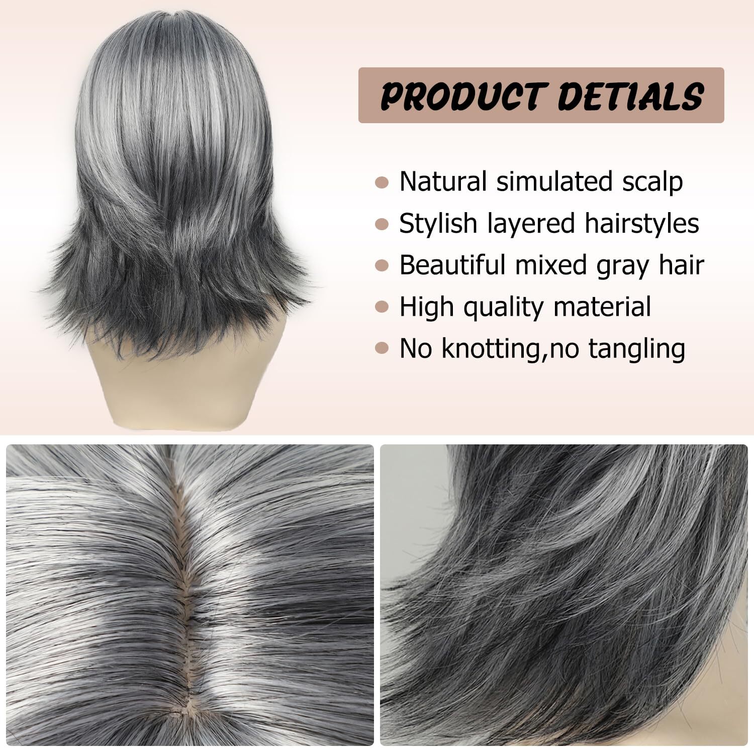 Synthetic Silver Gray Mixed Wavy Short Bob Wigs Shoulder Length for Women Daily
