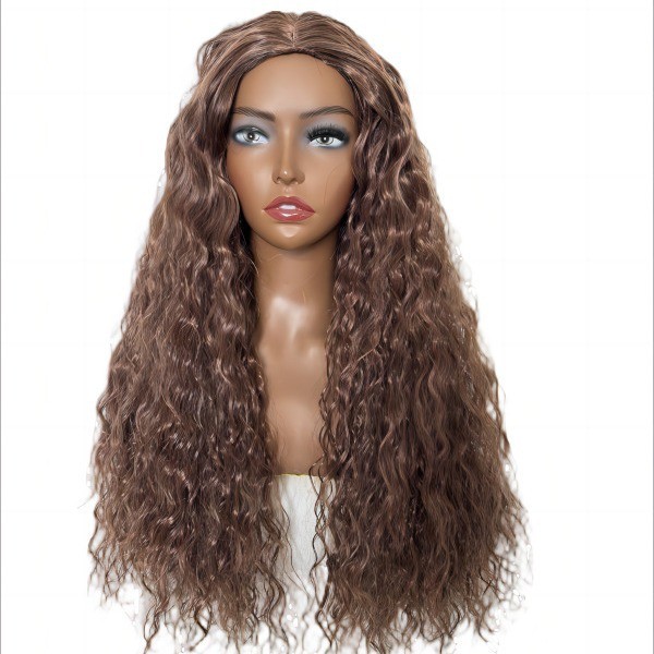 Black Water Wave Yaki Curly Wig with Middle Part Heat Resistant Synthetic Full