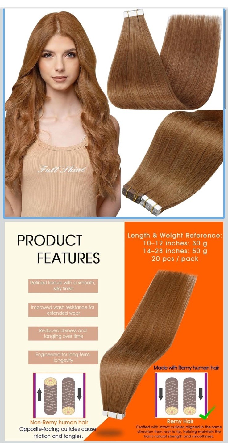 Full Shine Tape In Hair Extensions 12” 330 Ginger Copper Auburn 30g New In Box