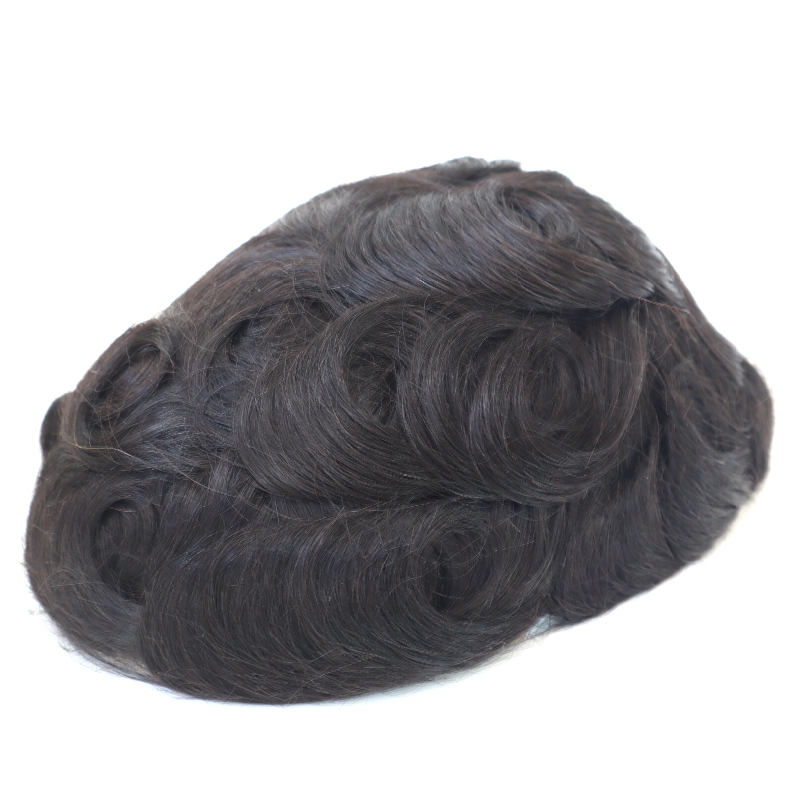 Toupee Mens Human Hair Soft Swiss Lace Replecement System Black Hair 30mm Curly