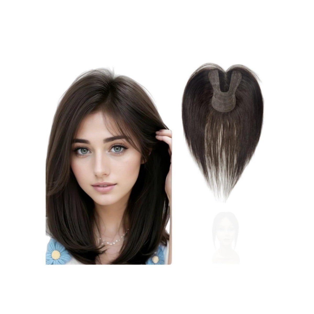 No Clip Human Hair Topper U-Shaped Glueless Hairpiece Dark Brown 10in Bangs