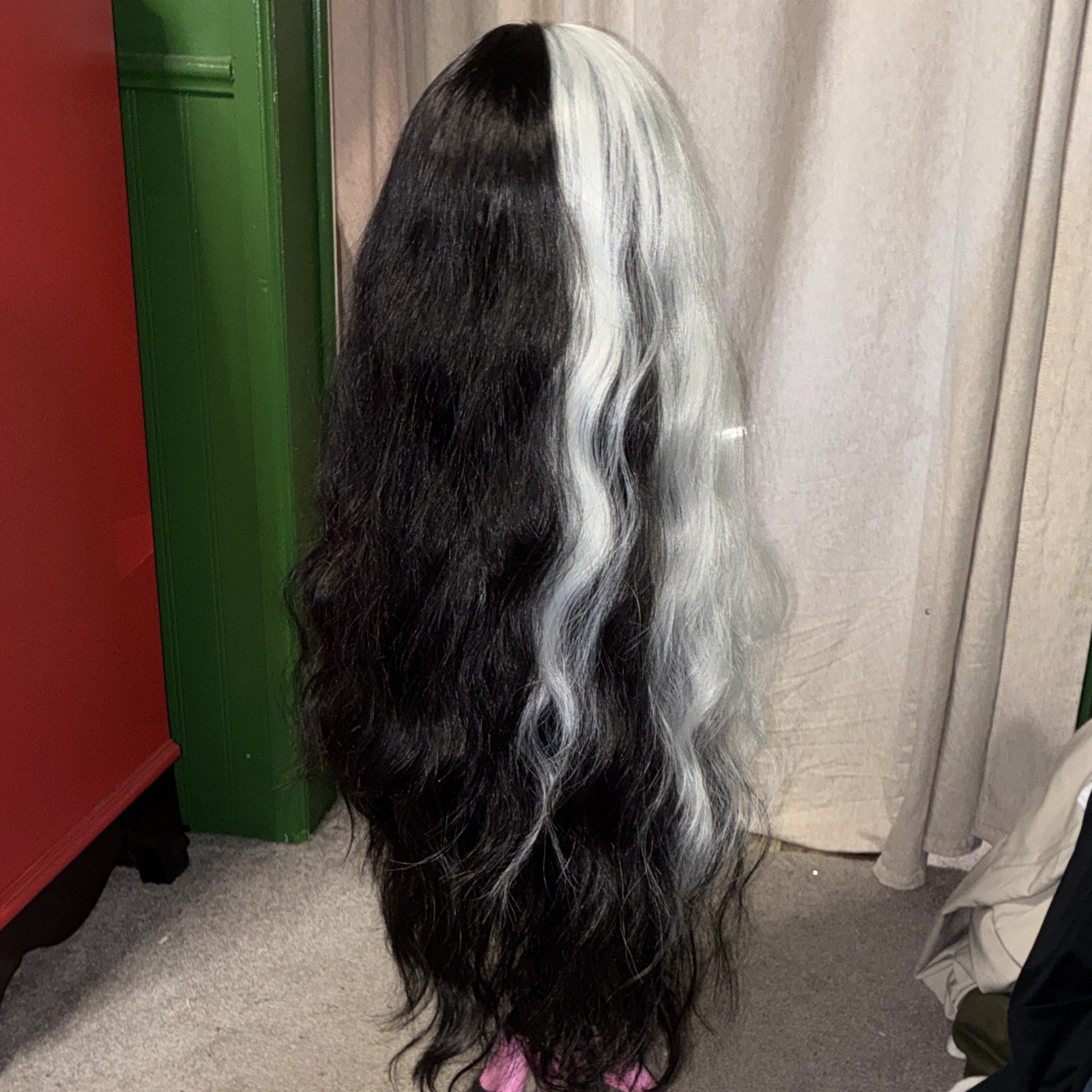 Lace Front Long Wavy Black White Synthetic Wig Middle Part Adjustable Strap 28”