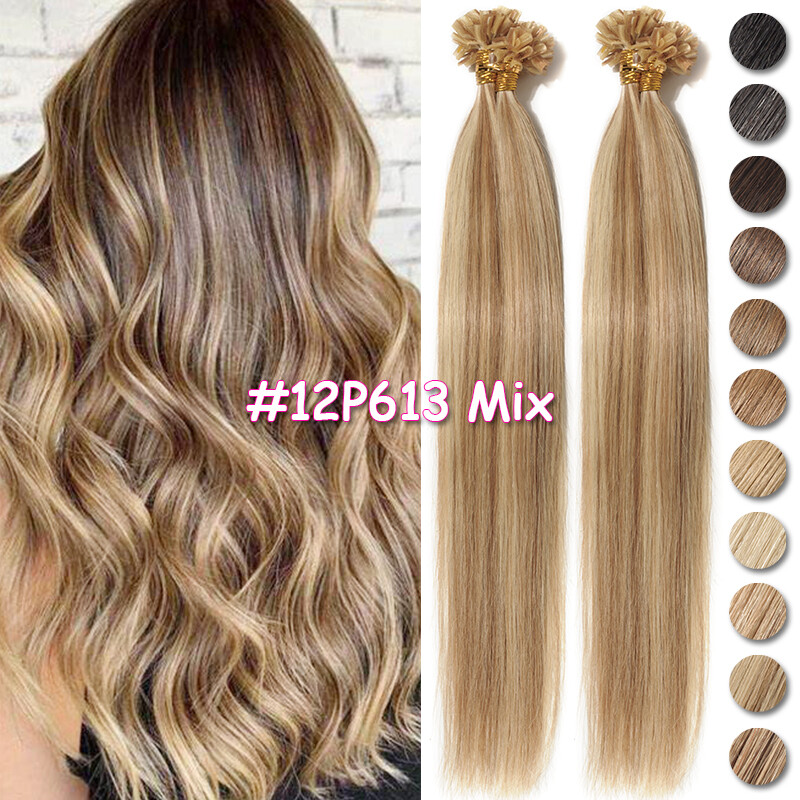 Nail U Tip Real Human Remy Hair Extensions Keratin Bondings 1g/s Highlight Thick