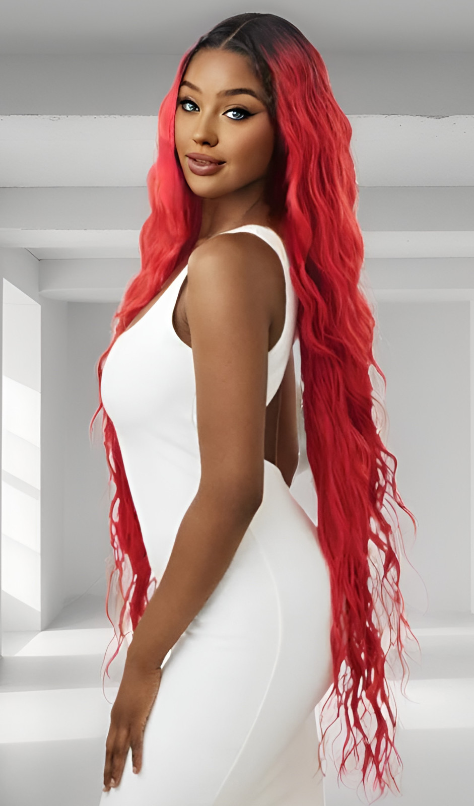 45″ LACE FRONT FULL WIG EXTRA LONG WAVY LAYERED OMBRE OFF BLACK RED HEAT OK NWT