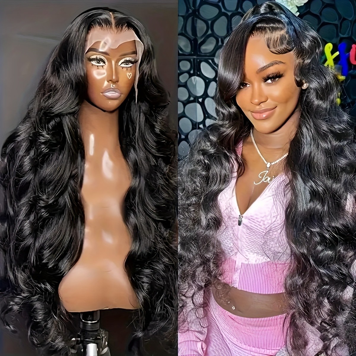Natural Black Color Synthetic Lace Front Wig Long Wavy Hair Glueless Pre Plucked