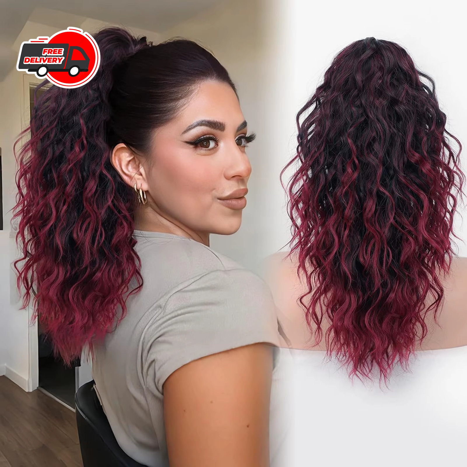 Black Brown Long Wavy Curly Synthetic Claw Clip In Ponytail Fake Hair Extension