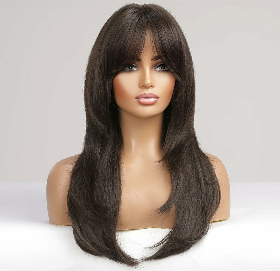 Wig – Human Hair Blend – Long Straight Layered Dark Brown Bangs Heat Resistant