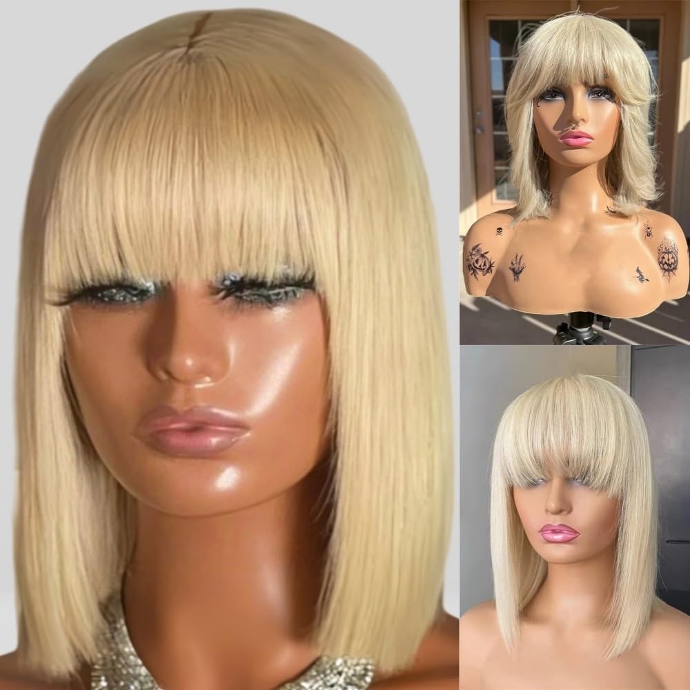 12″ Short Black Straight Wig with Bangs for Women,Made Of High Temperature Fiber