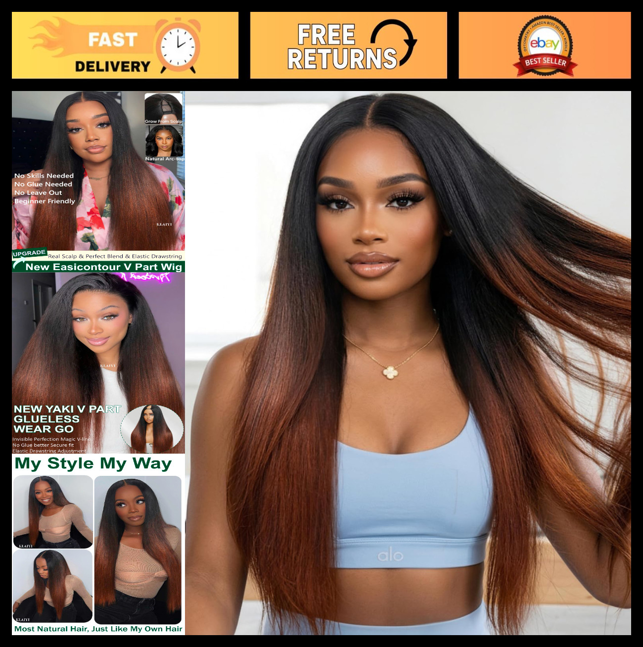 Yaki Straight V Part Wig Human Hair Ombre Reddish Brown 22″ No Leave Out Clip In