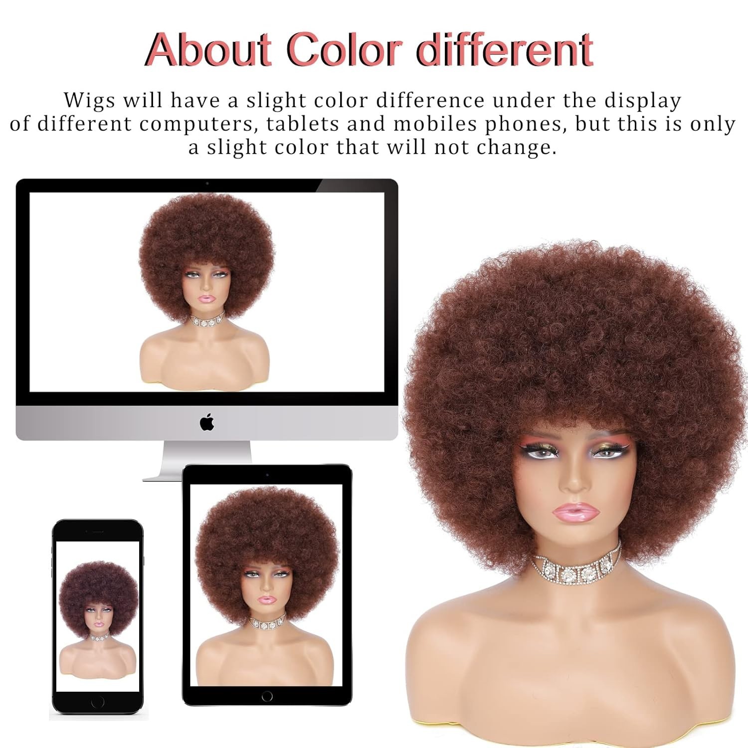 70s Afro Kinky Curly Wig For Women, Brown, Synthetic Fibers, Soft, Bouncy, Natur