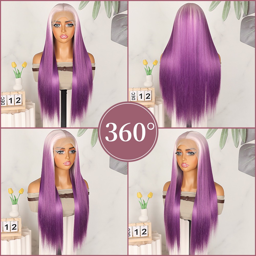 Ice Pink Ombre Purple Long Straight Hair Lace Front Wig 13×4 Pre Plucked Natural