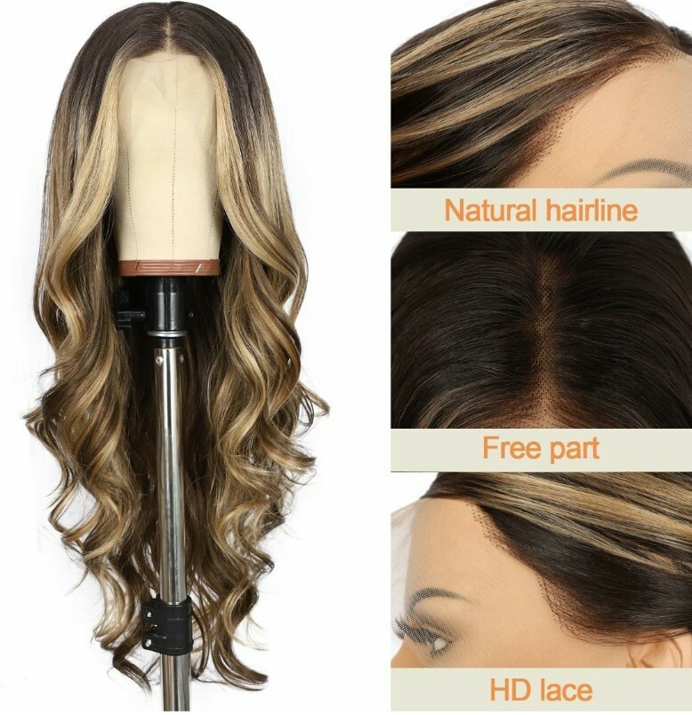 HD Lace Front Wig Human Hair Blend Highlights Wavy Curly Honey BROWN Blonde