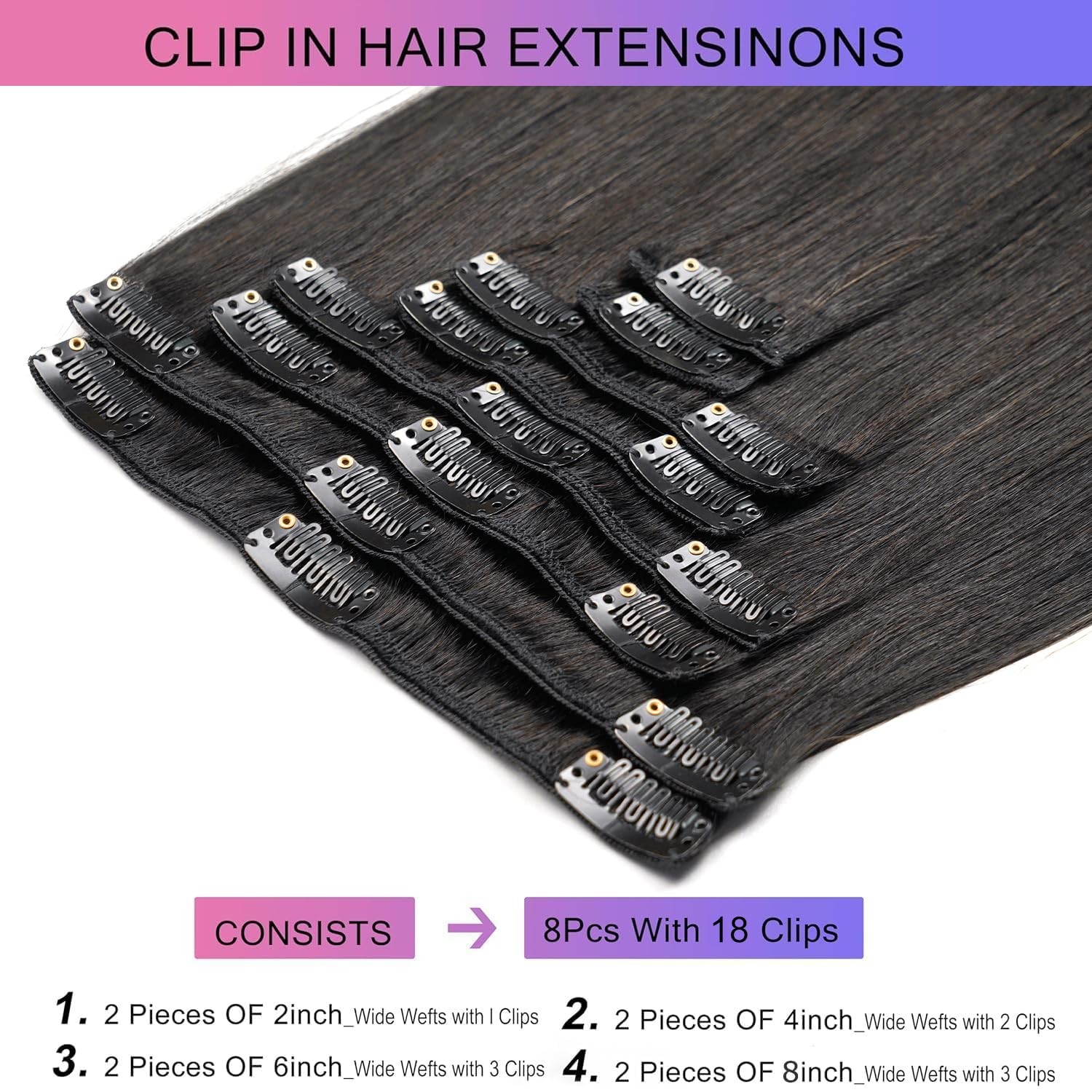 Clip in Hair Extensions Real Human Hair, 20 Inch 105g/3.7oz, 1B Natural Black…