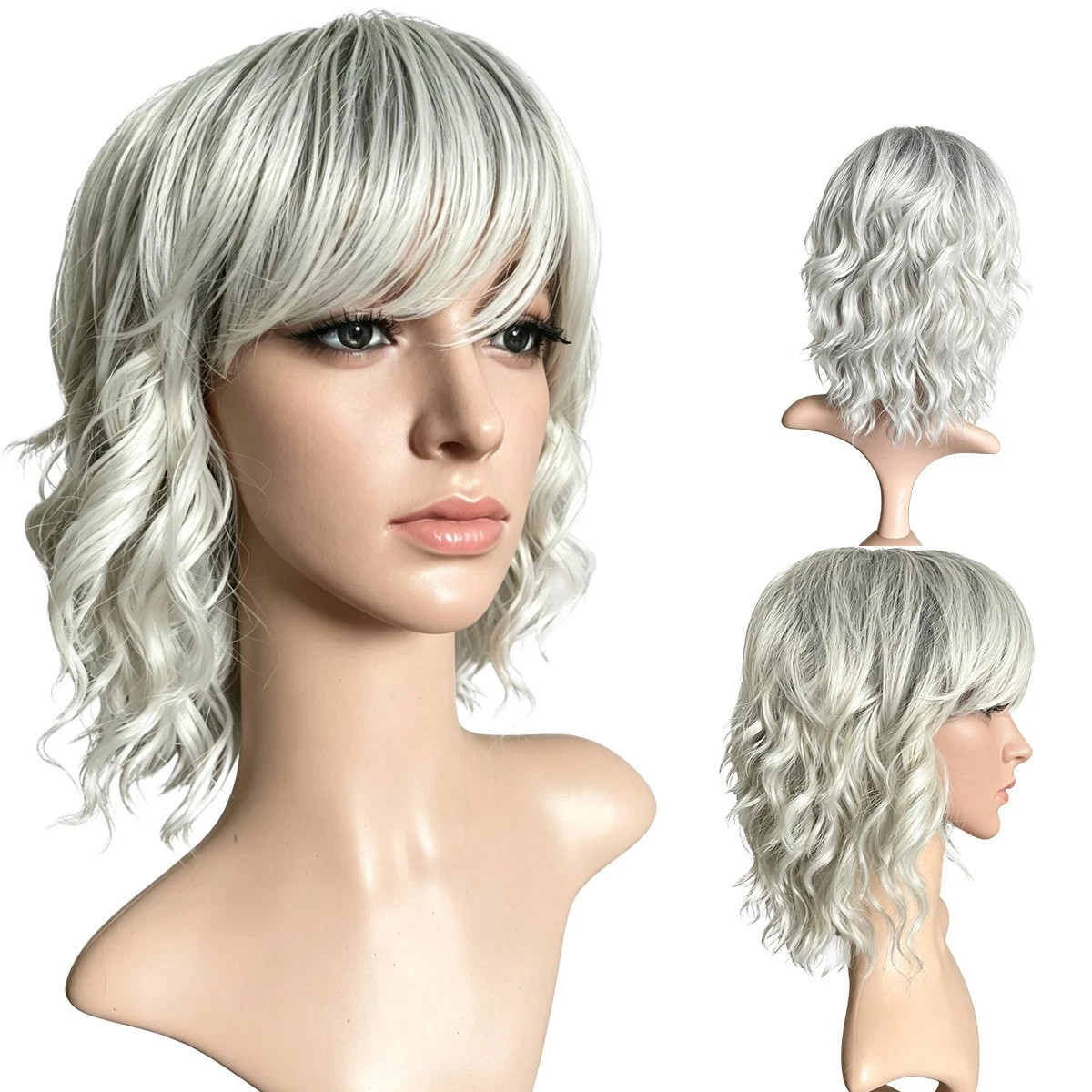Ombre Silver Gray Bob Wig with Bangs for White Women Short Wavy Curly Charming W