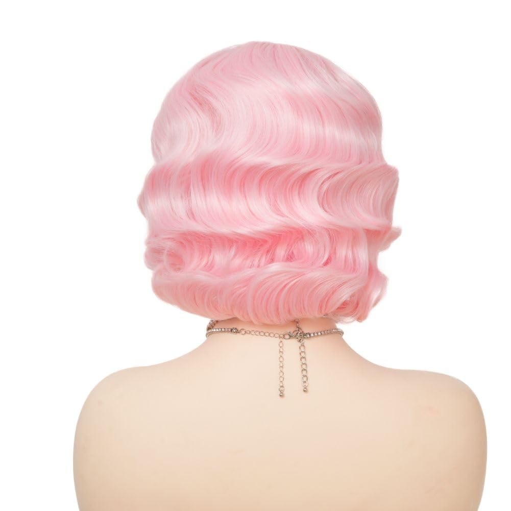 Salaibs Pink Finger Wave Wig 1920s Women’s Heat Resistant Synthetic