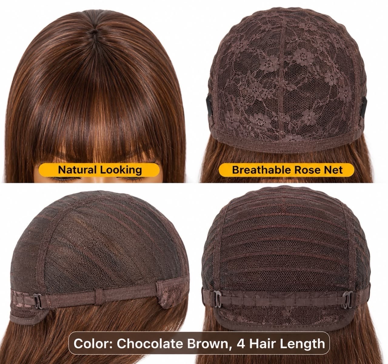 10″ Chocolate Brown Women’s 100% HUMAN HAIR – GLUELESS BOB WIG WITH BANGS