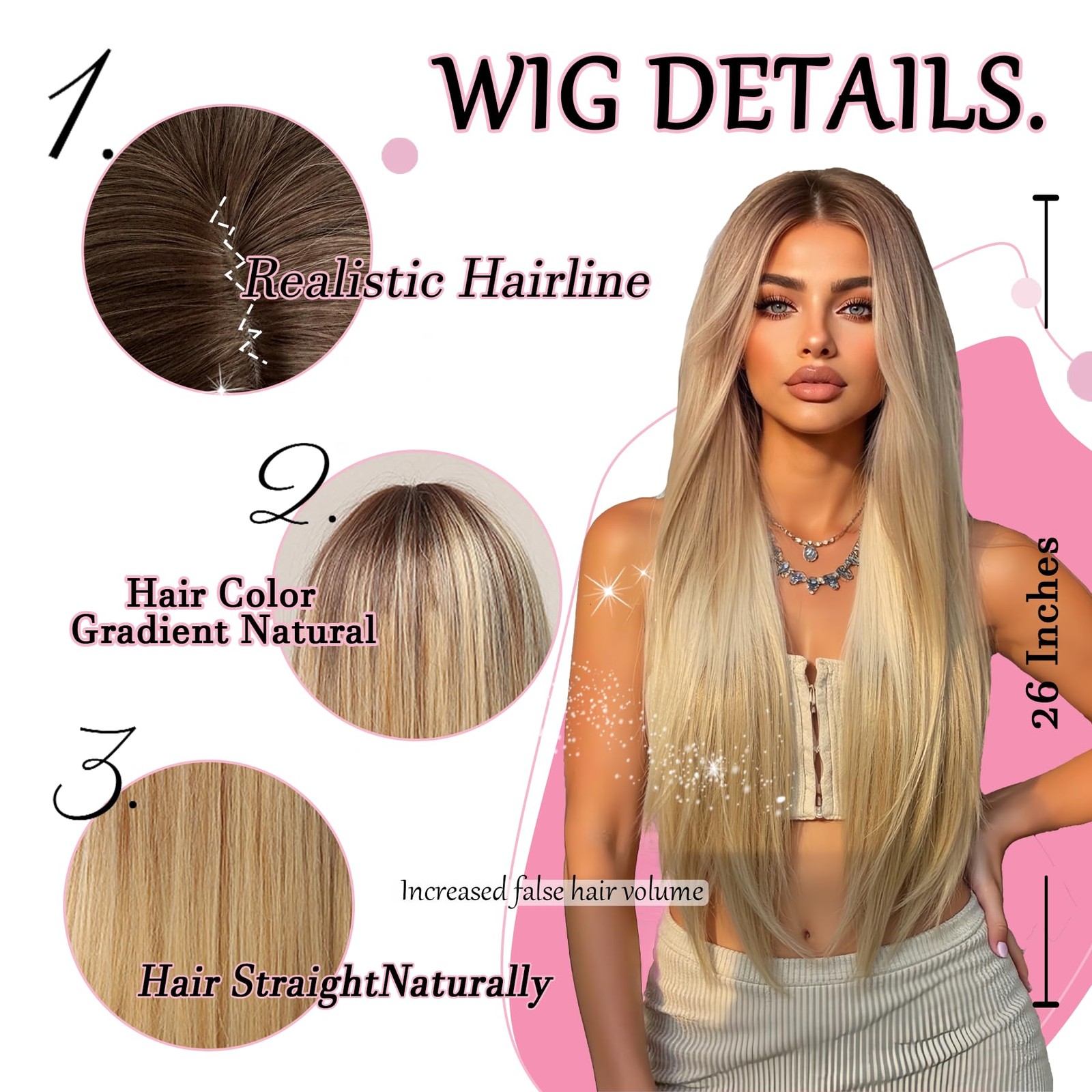 Long Blonde Wig Ombre Wigs for White Women Synthetic Wig Straight Hair Replac…
