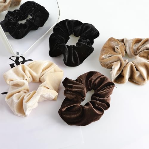 Large Scrunchies for Women 4Pcs Velvet Black; Beige; Dark Brown; Light Brown