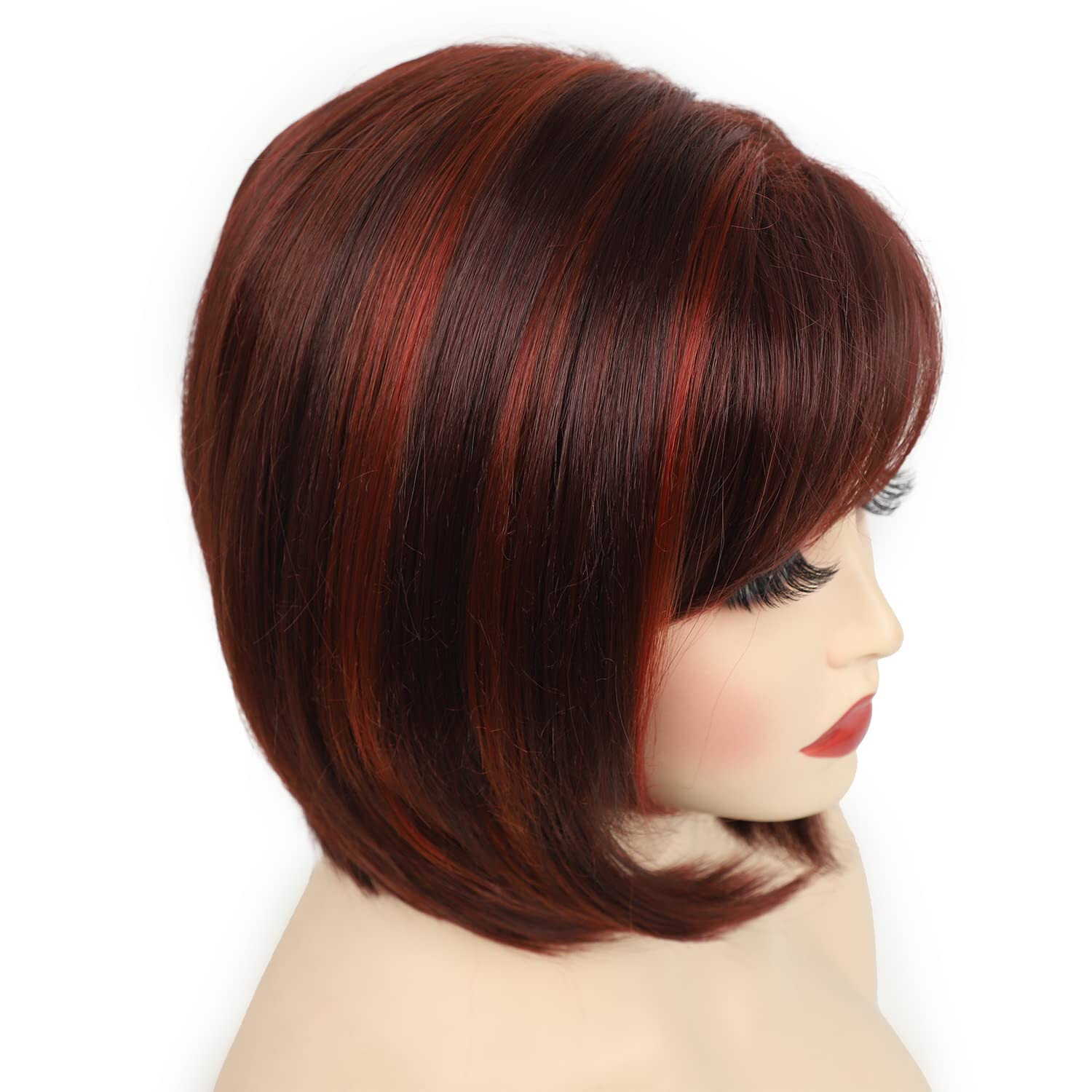 RENERSHOW Short Burgundy Highlight Bob Wig bangs red pixie women synthetic daily