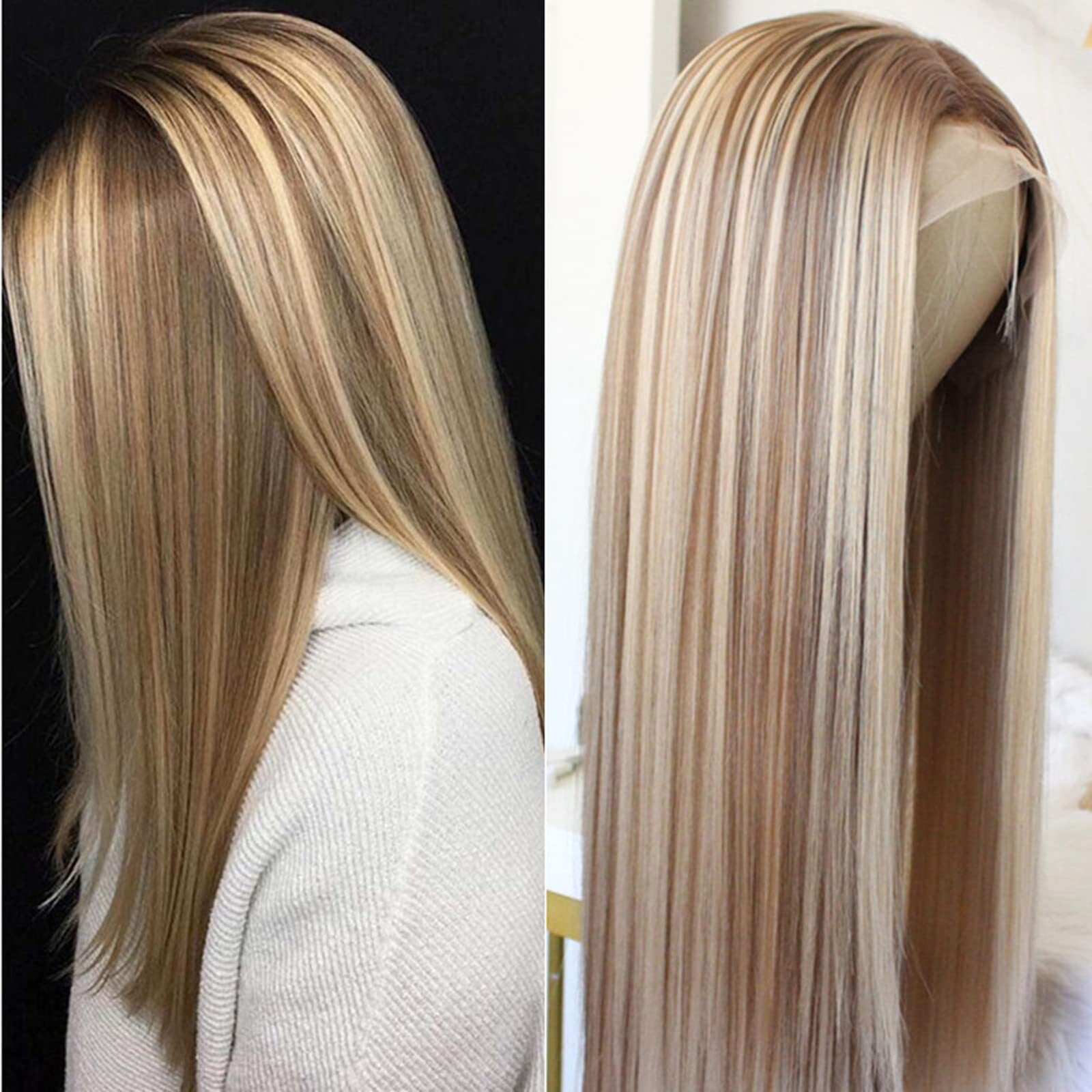 Long Straight Ash Beige Blonde Highlight Wigs Lace Front Wig for Women Daily