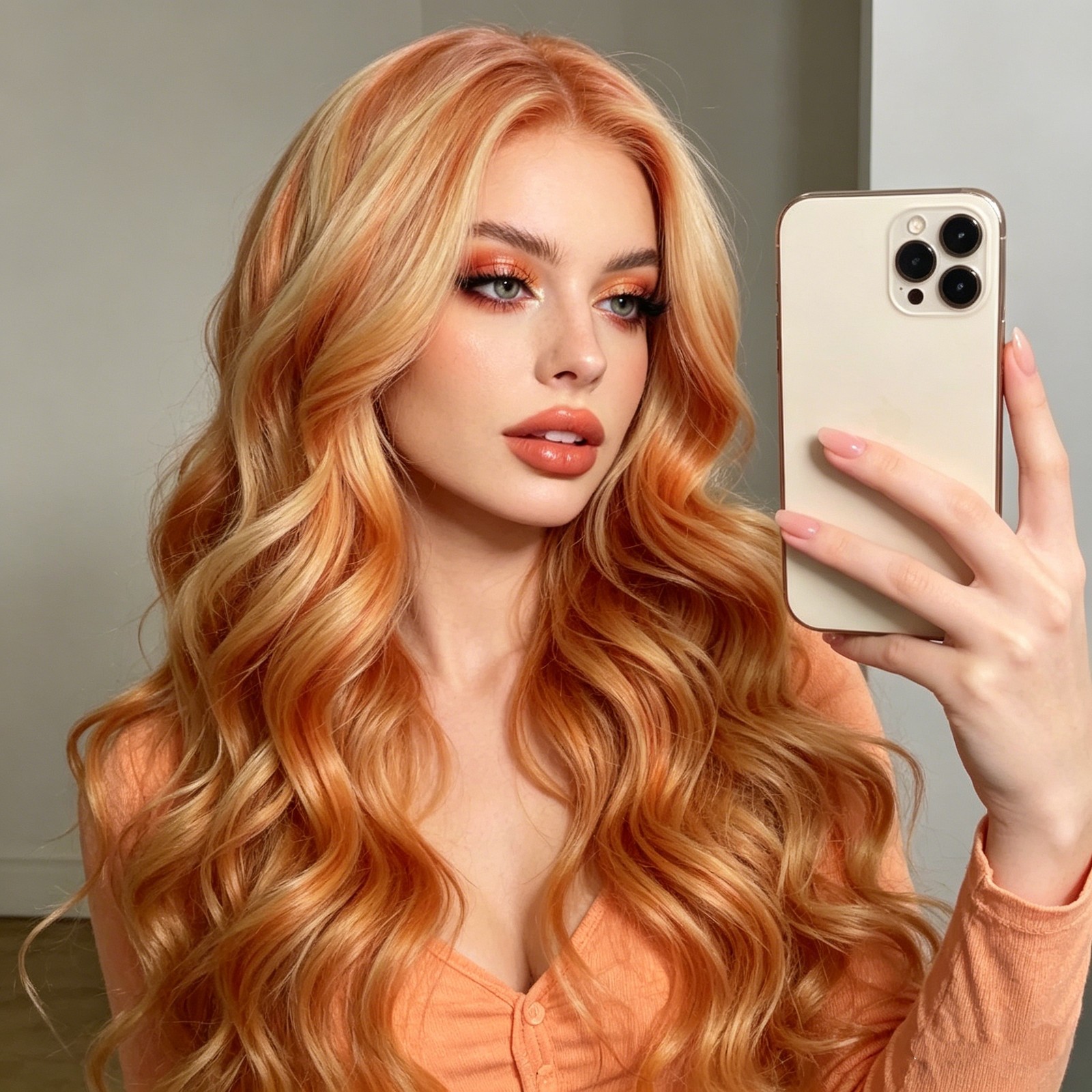 long wave orange with Blond Highlight Lace Front Wig 100% Human Hair Wigs 18″