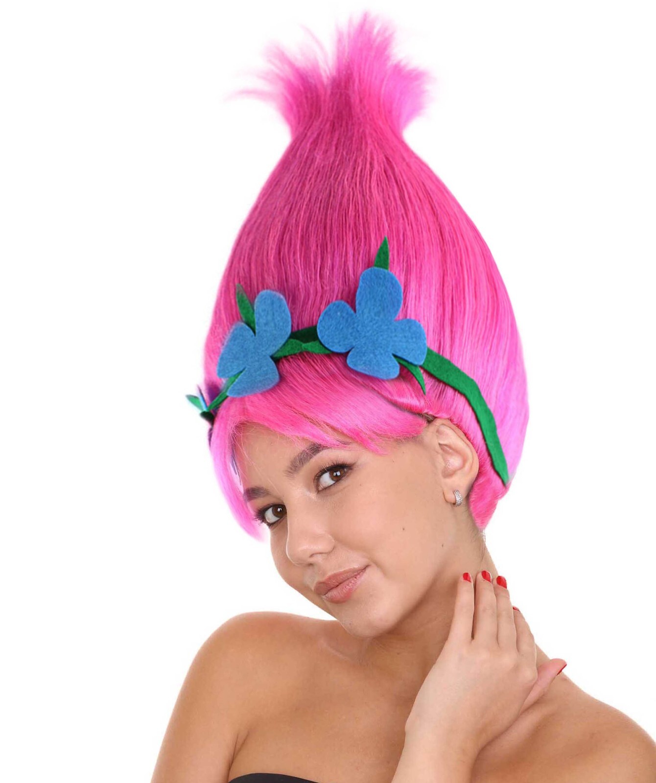 HPO Princess Poppy Troll Wig | Pink Pointy Wig With Green And Blue Felt Flower