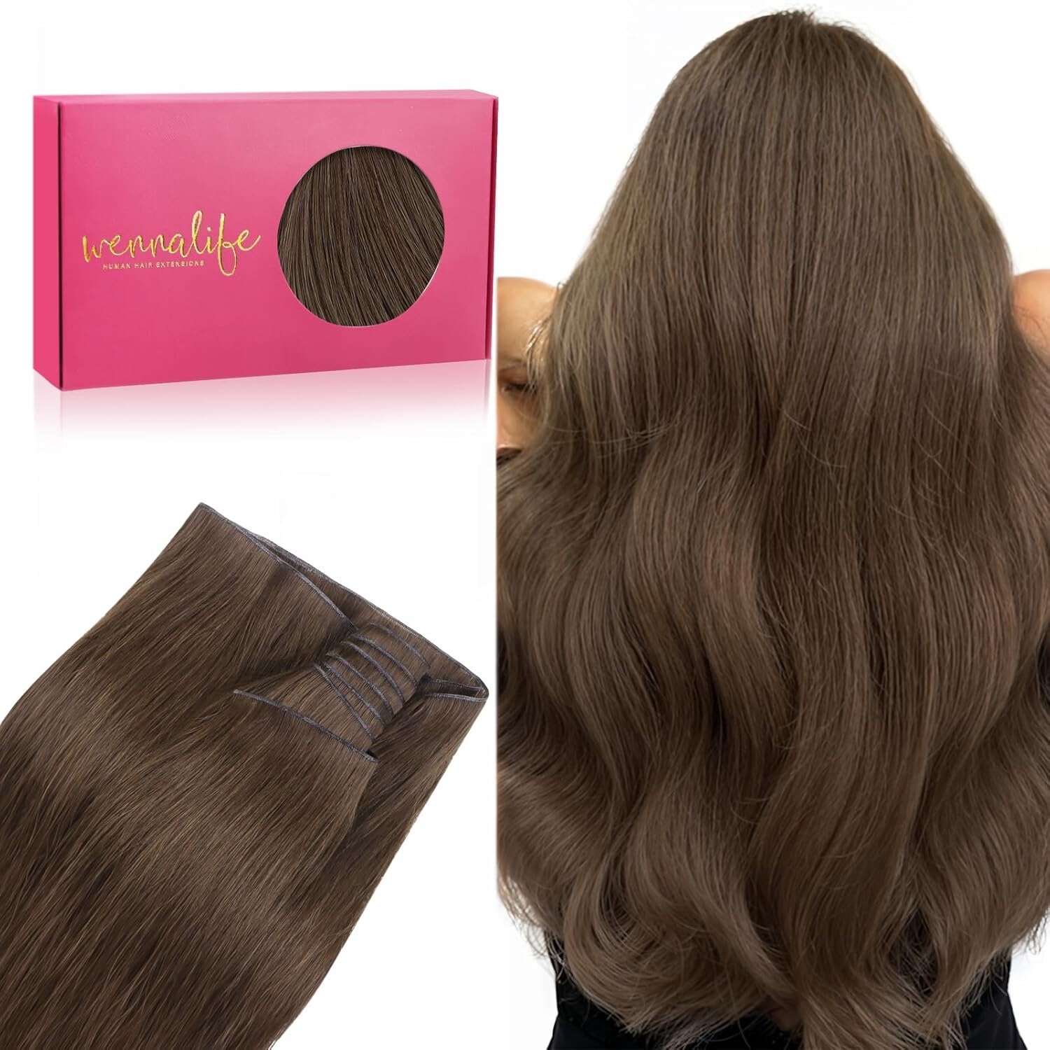 WENNALIFE Genius New Weft Hair Extensions Real Human Hair, 24″ 60g Light Ash Bro