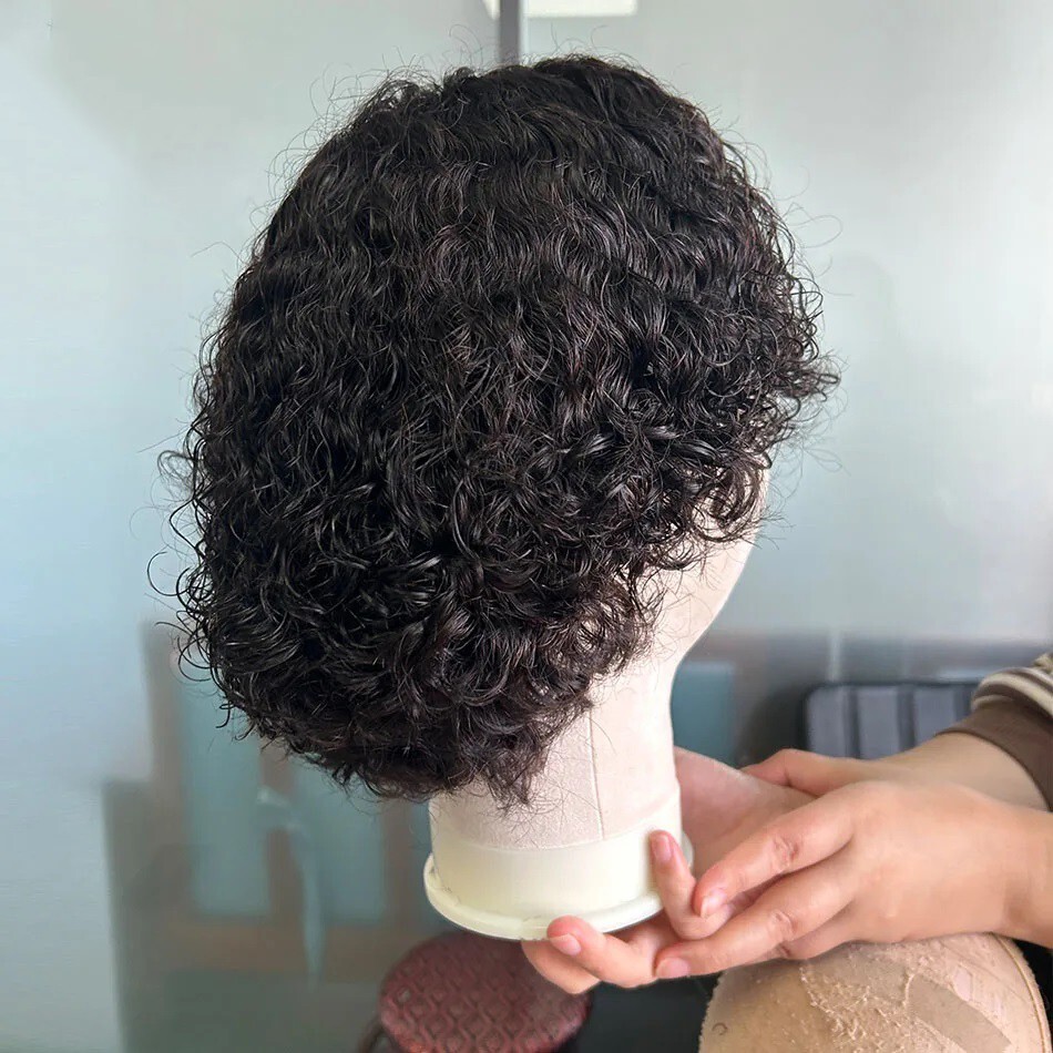 Human Hair Brazilian Remy Deep Part Curly Full Lace Wigs For Men Pixie Cut Short