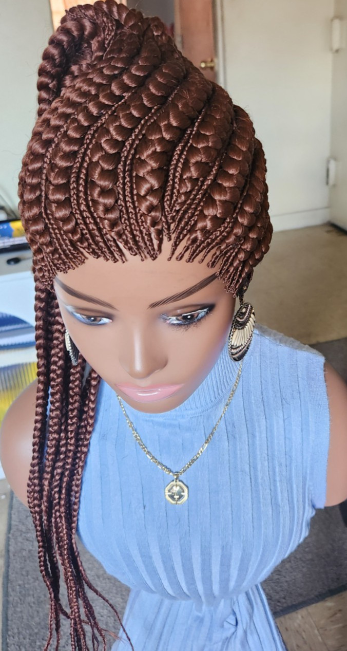 Fully hand braided Ghana banana cornrows wig poney tail libre Dark brown