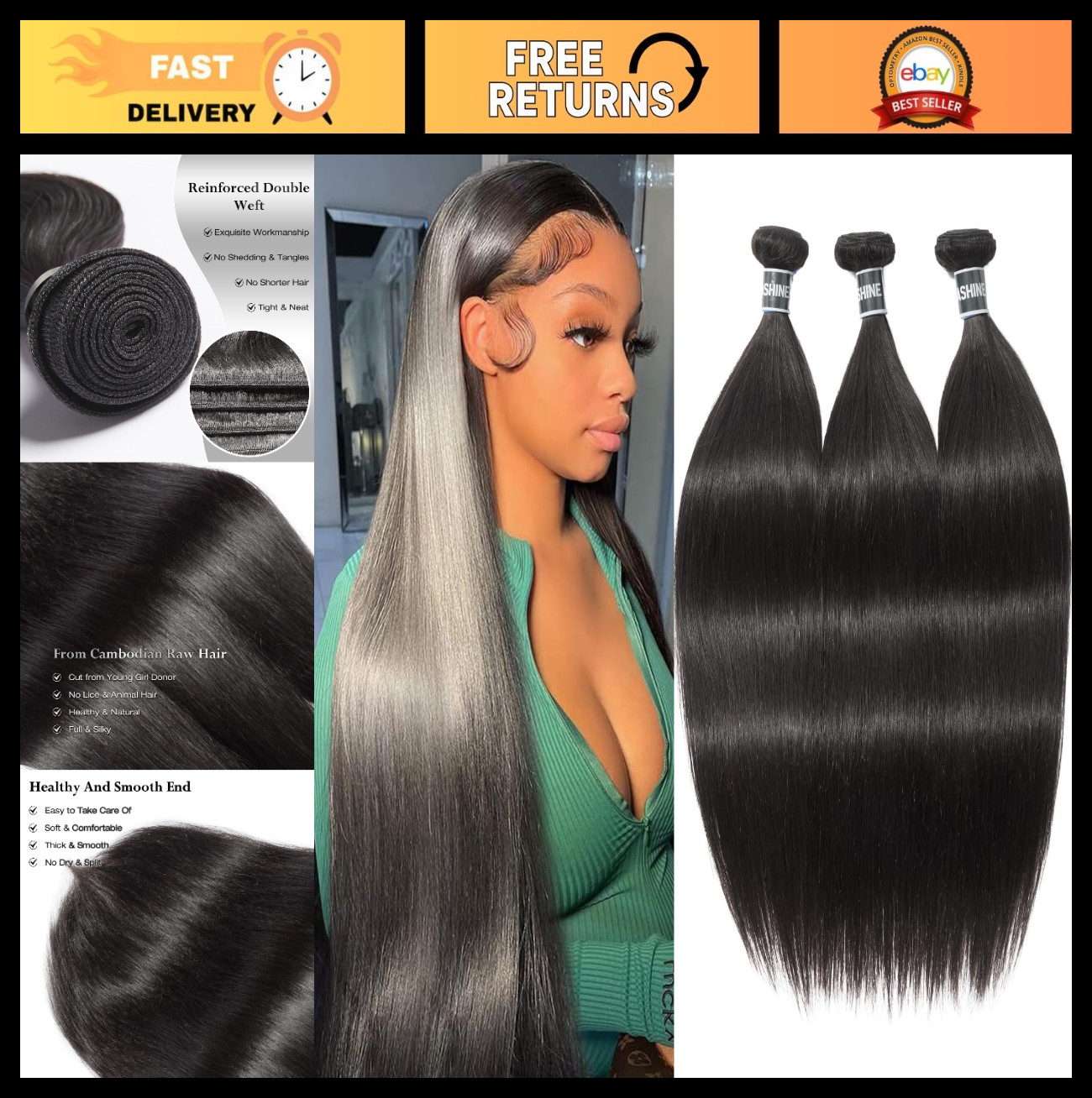 Unprocessed Cambodian Raw Human Hair Bundles – Straight, Soft & Silky, 14-18 Inc