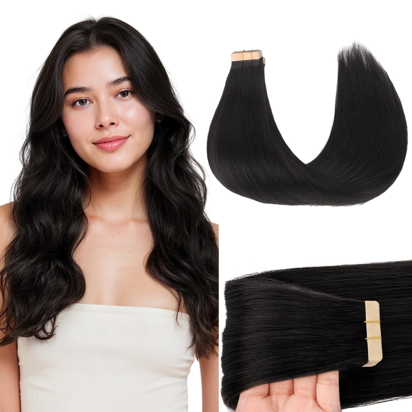 GOO GOO Tape in Hair Extensions Human Hair, 1B Natural black, 22inch 50g 20p…