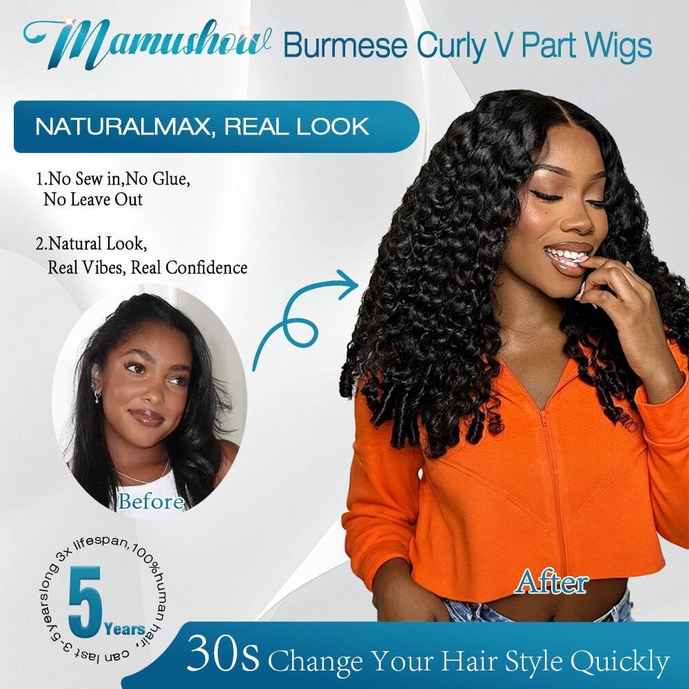 20 Inch V Part Human Hair Wig – Burmese Curly, 180% Density, No Sew, Glueless, C