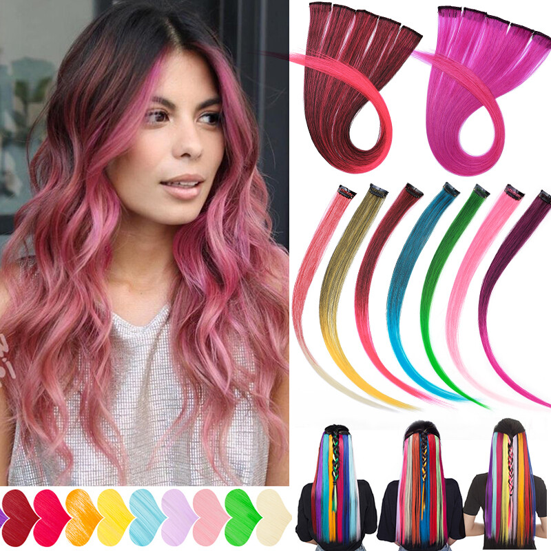 10PCS 20″ Multi Pink Colour Clip In Highlight Streaks Hair Extensions as Human
