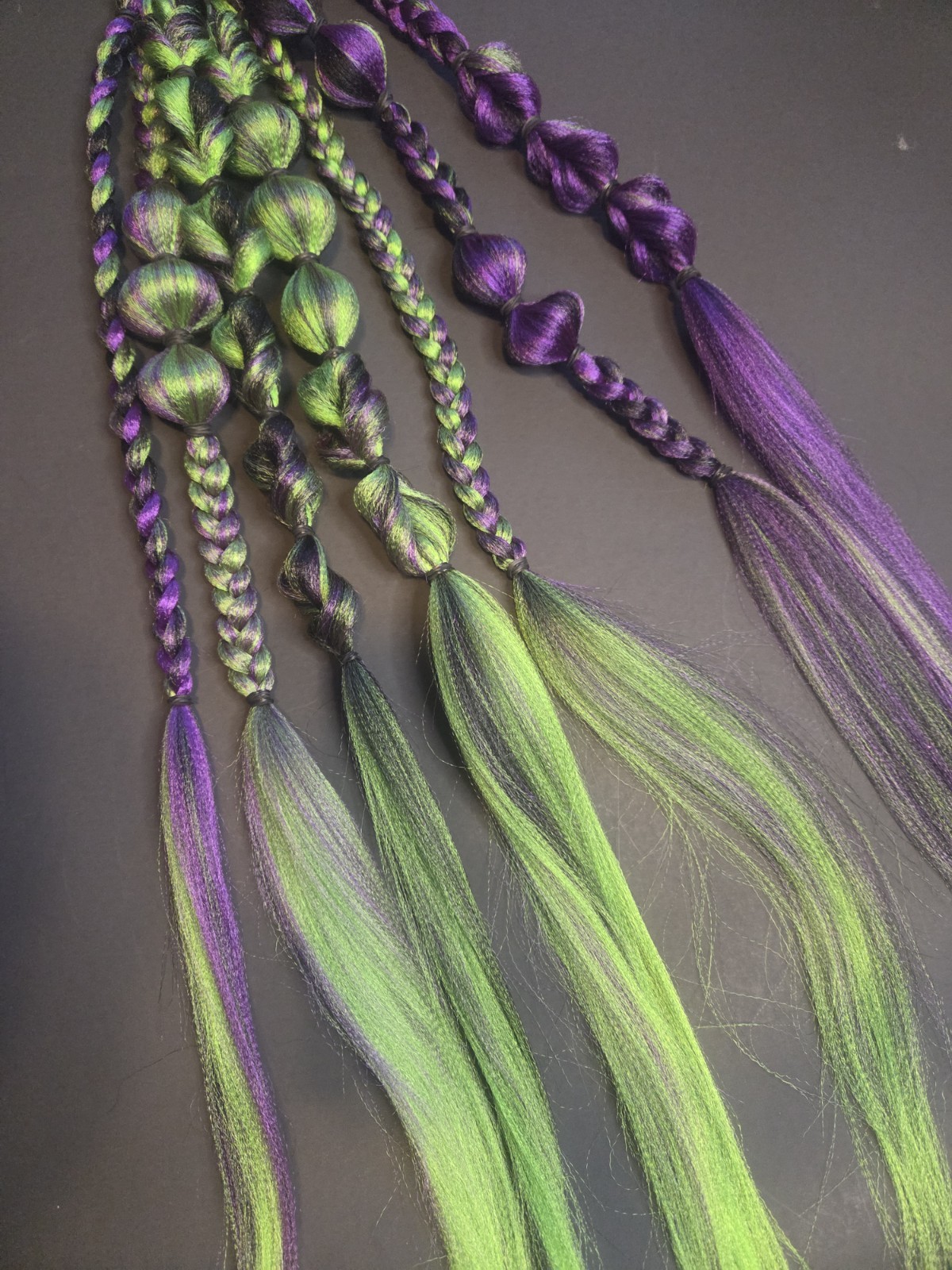 Green, Purple, Black with charms ** reusable tie in braided ponytail extensions