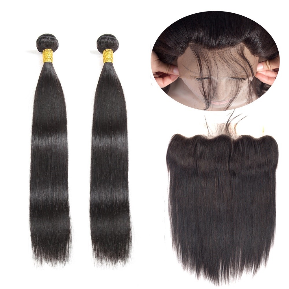 Premium Straight Natural Black 100% Human Hair 2 Bundles With 13×4 Lace Frontal