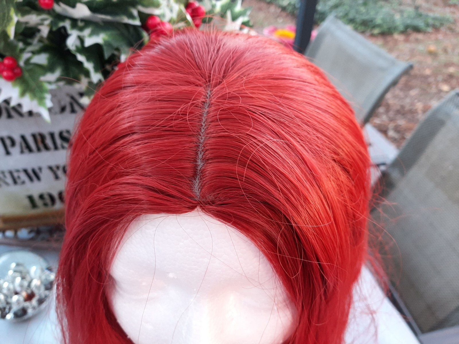Long Curly Wavy Red Wig , Body Wave C Part Synthetic Full Wig ~ Copper Red NOB