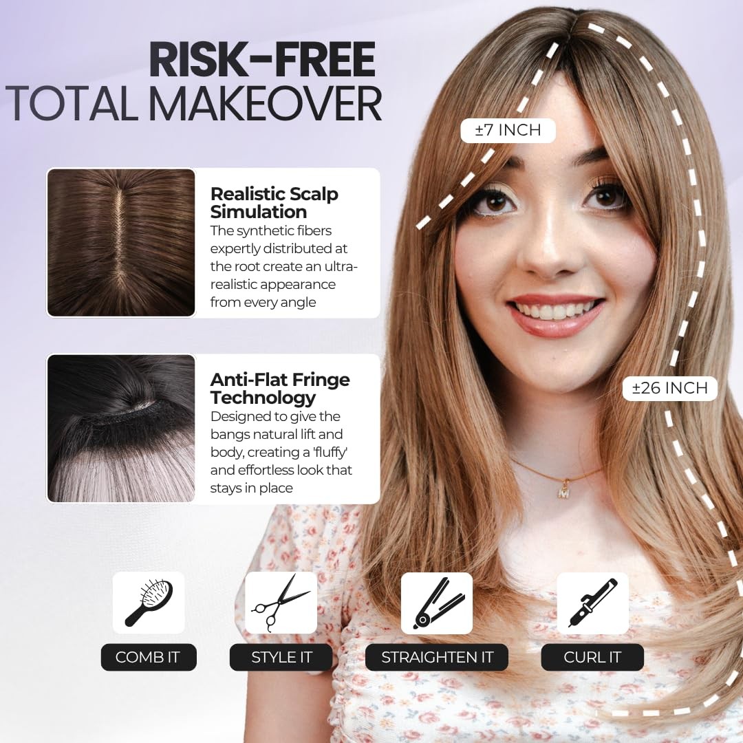 26 Inch Long Straight Wig with Bangs for Women – Natural Looking Ash Blonde S…