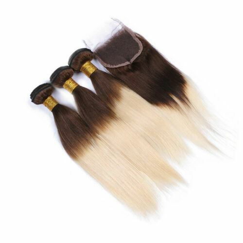 12A CAMBODIAN HUMAN HAIR WEFT 3/4BUNDLE+LACE TOP CLOSURE=FULL HEAD 4#/613 BLONDE
