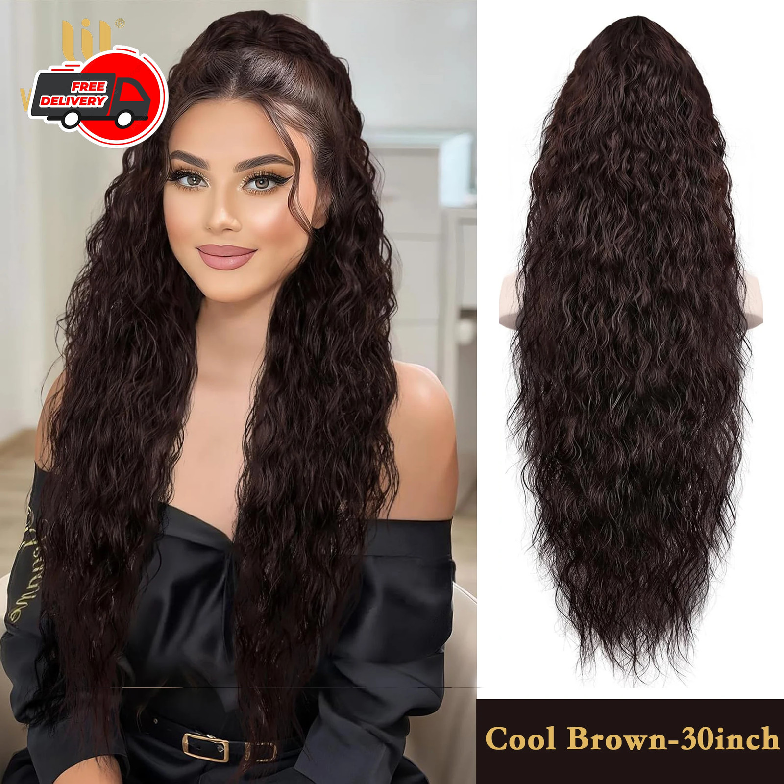 Black Brown Long Wavy Curly Synthetic Claw Clip In Ponytail Fake Hair Extension