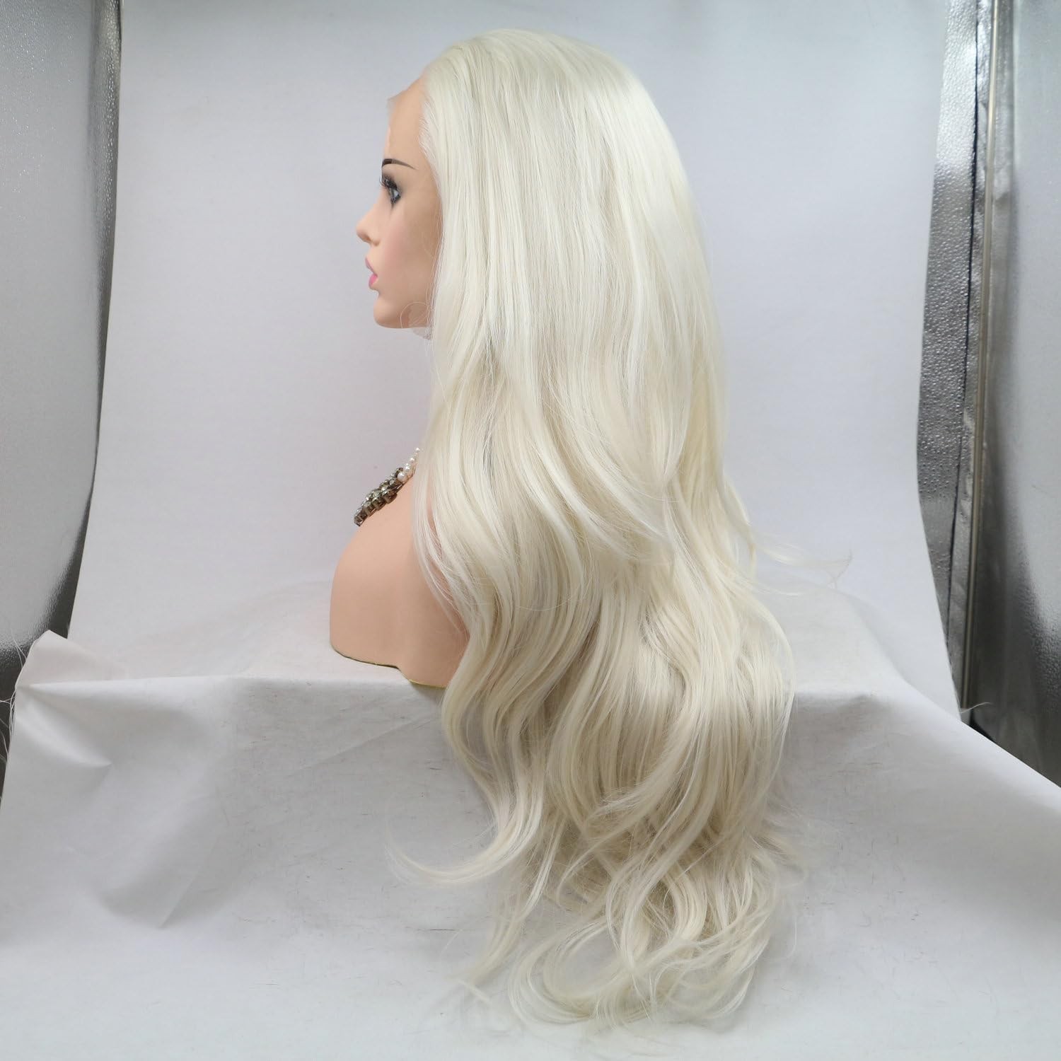 Long Hair Body Wave 60# White Blonde Color Synthetic Lace Front Wigs for Wome…