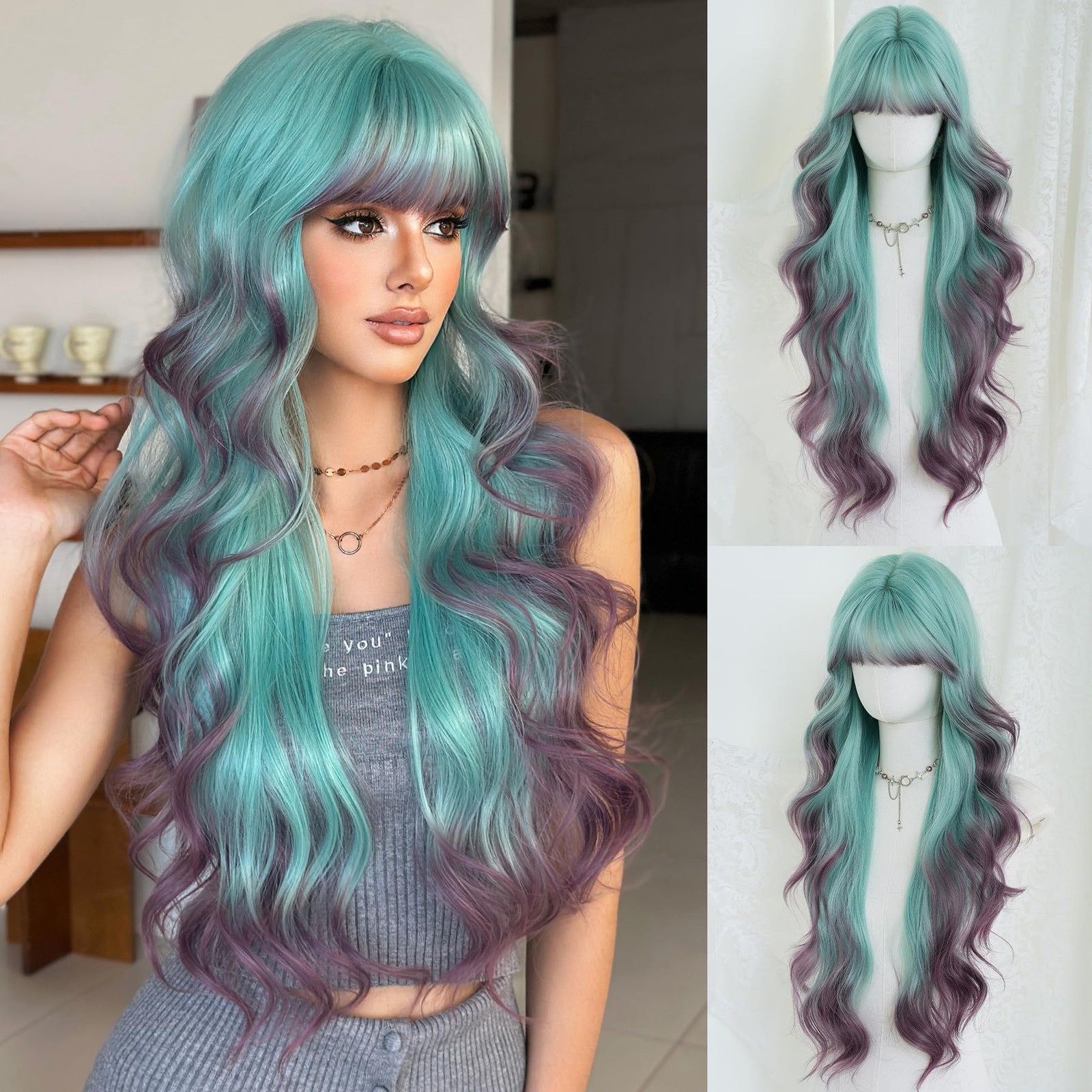 31in Turquoise Long Wavy Bangs Purple Highlight Wigs Mixed Light Green Ombre …